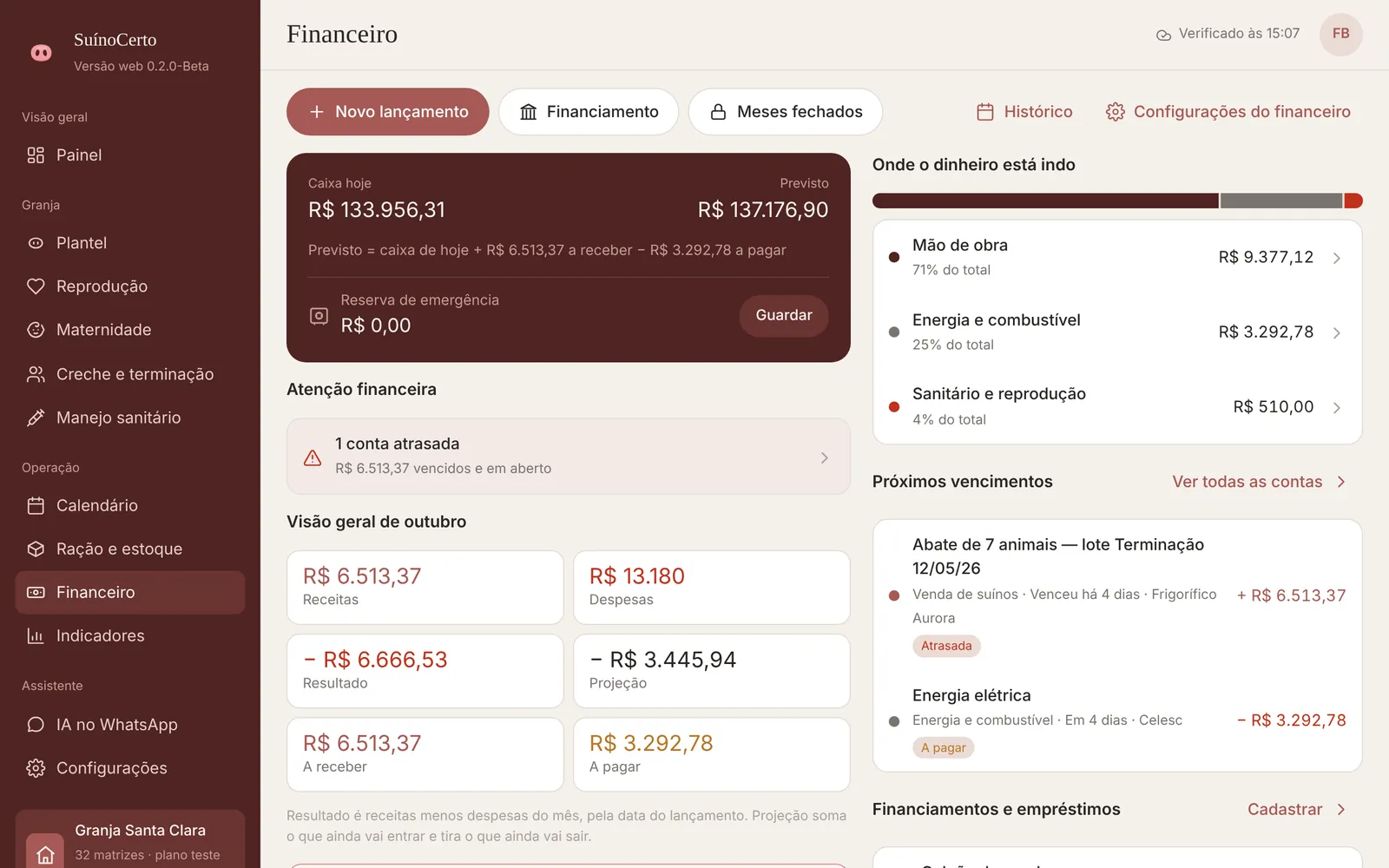 Tela do financeiro com o caixa de hoje, o previsto, contas a pagar e a receber e financiamentos.